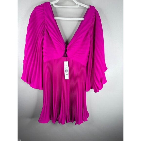 NWT Monique Lhuillier Pleated Crepe Magenta Mini Dress Size 4 Plunge V-neck - Picture 3 of 7